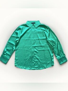 Ambiance Women Size S Satin Style Long Sleeve Blouse Shirt Green New Button Up